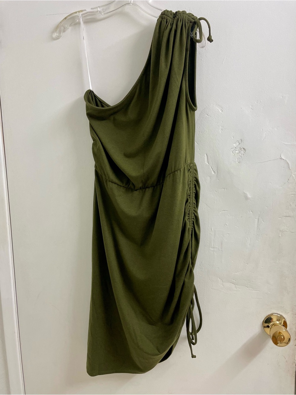 Lulu's Olive One-Shoulder Ruched Drawstring Dress